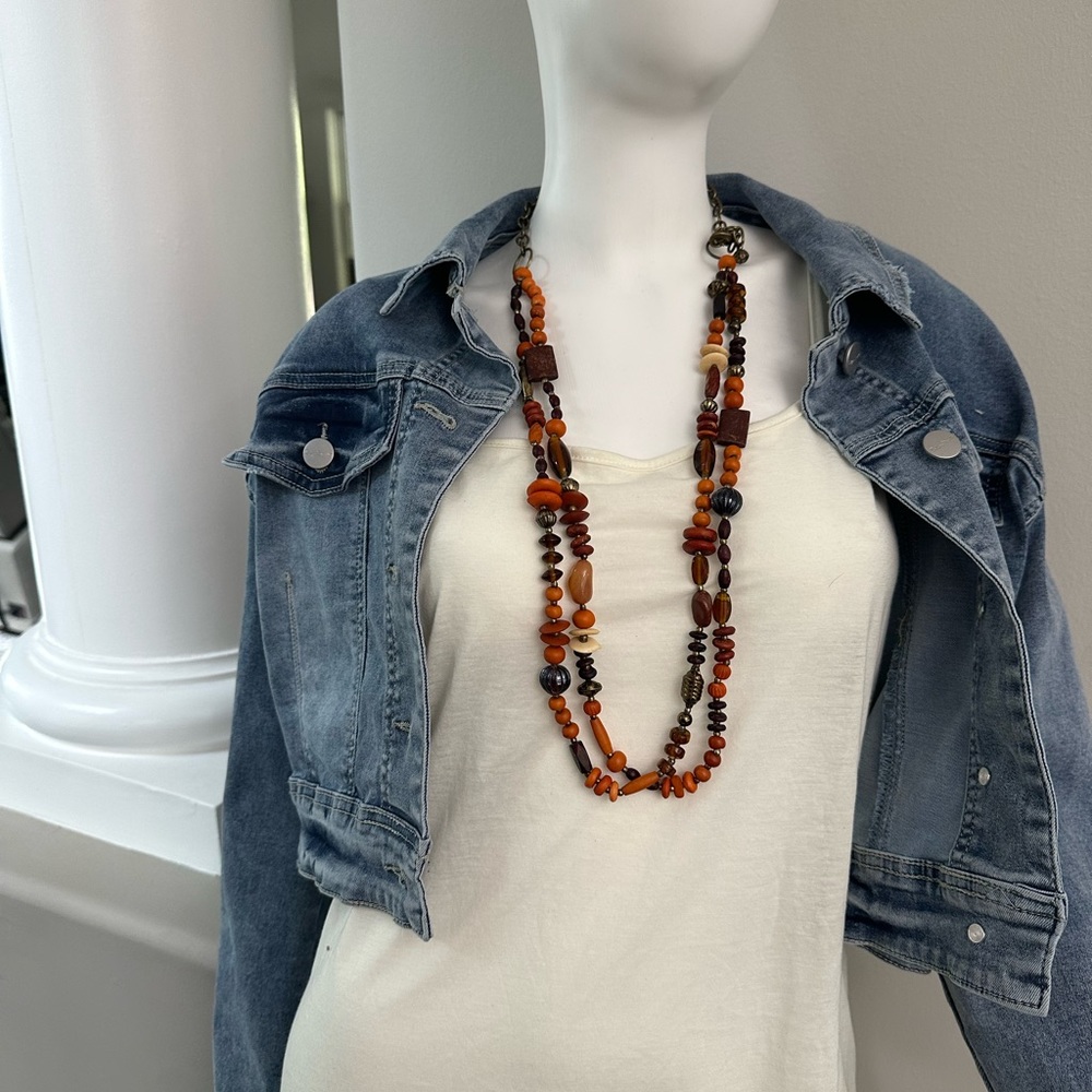 Vintage fall colors beats glass, wood unique one of a kind necklace